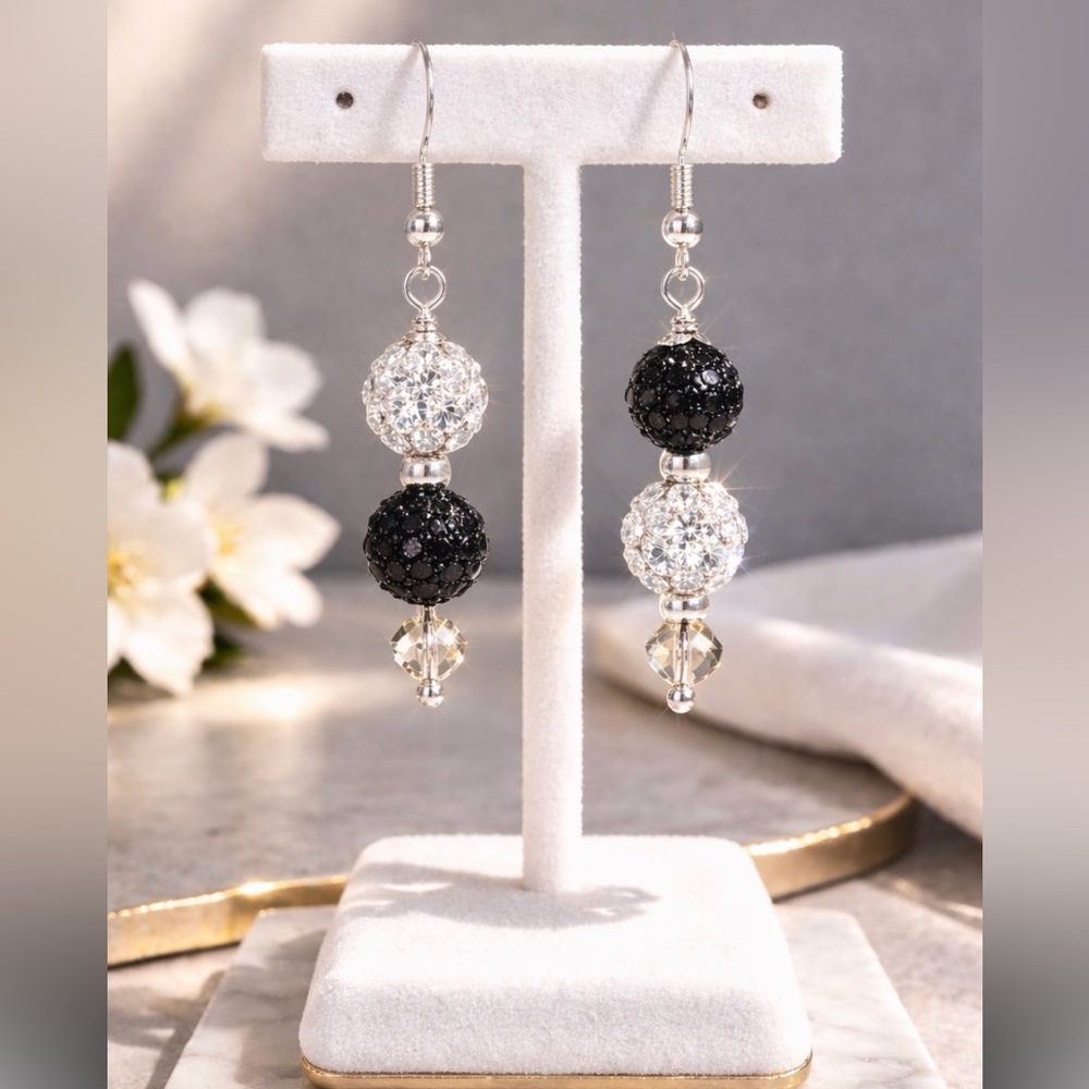 Sterling sterling earrings crystal black white & black DAZZLE balls stunning